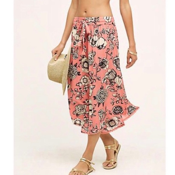Anthropologie Pants - Anthropologie Pink Coral Floral Tie-Waist Wide Leg Pants